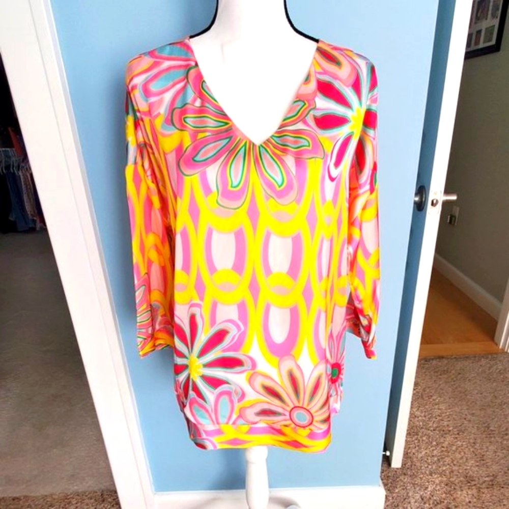 Insight women Vneck 3/4 sleeve tropical neon color pink yellow blouse NWOT M Y2k